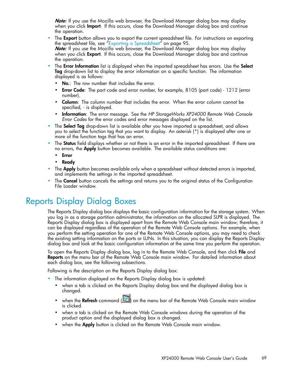 Reports display dialog boxes | HP XP20000XP24000 Disk Array User Manual | Page 69 / 110