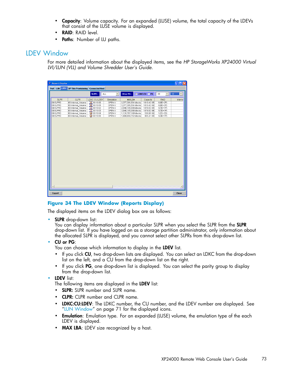 Ldev window, 34 the ldev window (reports display) | HP XP20000XP24000 Disk Array User Manual | Page 73 / 110