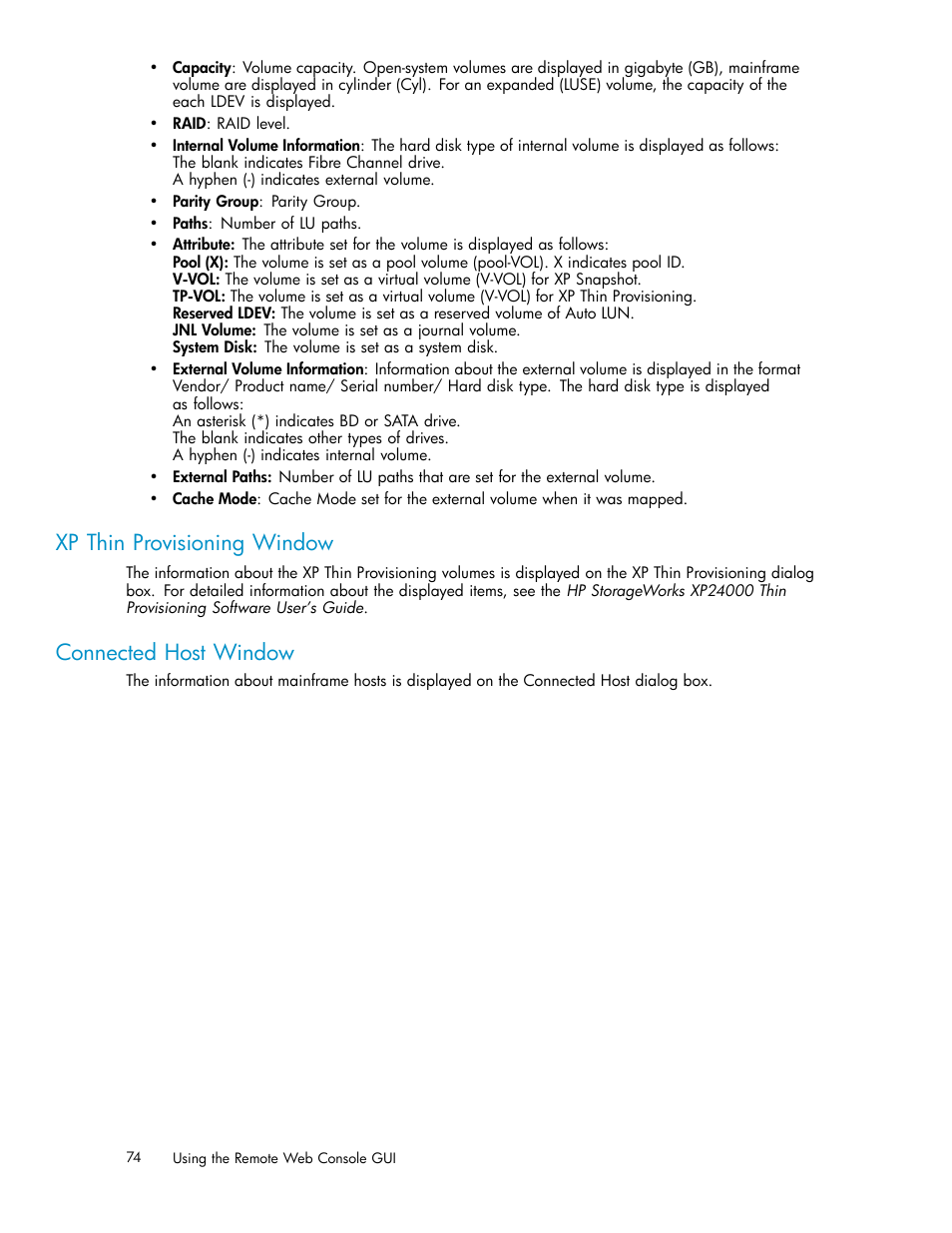 Xp thin provisioning window, Connected host window | HP XP20000XP24000 Disk Array User Manual | Page 74 / 110