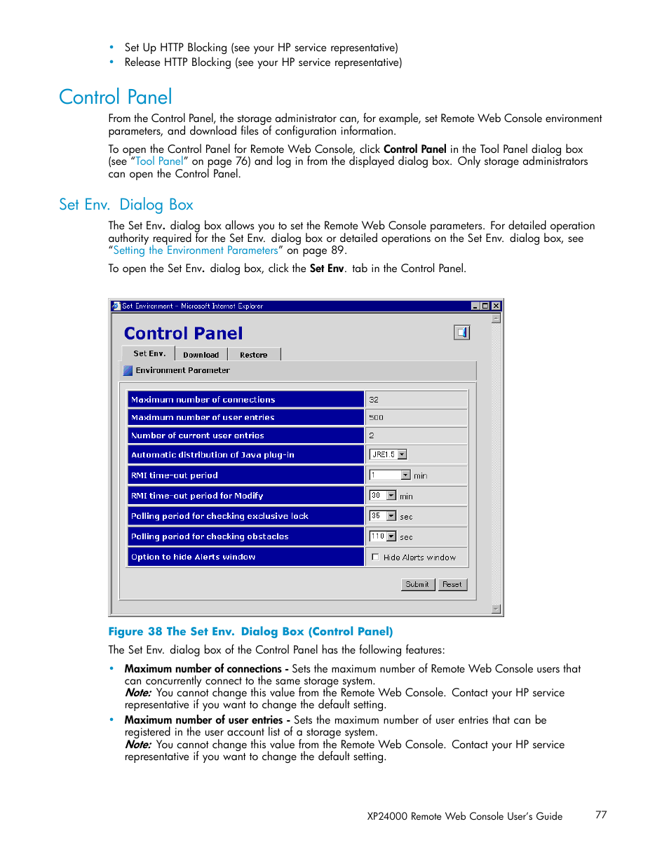 Control panel, Set env. dialog box, 38 the set env. dialog box (control panel) | HP XP20000XP24000 Disk Array User Manual | Page 77 / 110