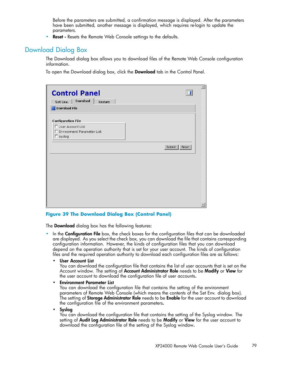 Download dialog box, 39 the download dialog box (control panel) | HP XP20000XP24000 Disk Array User Manual | Page 79 / 110