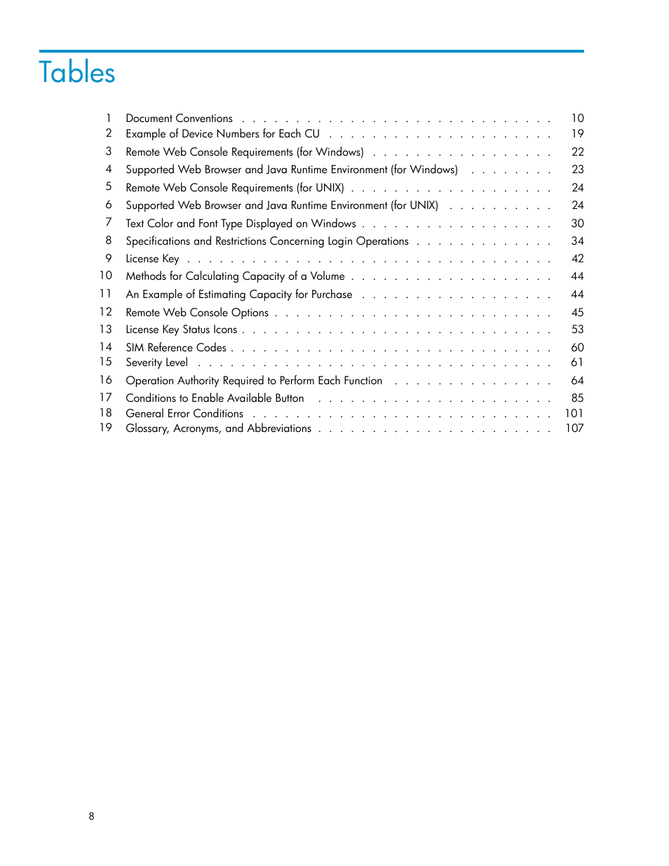 Tables | HP XP20000XP24000 Disk Array User Manual | Page 8 / 110