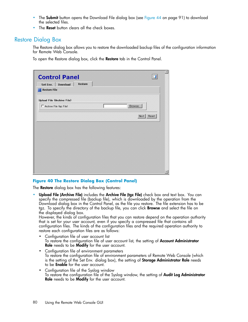 Restore dialog box, 40 the restore dialog box (control panel) | HP XP20000XP24000 Disk Array User Manual | Page 80 / 110