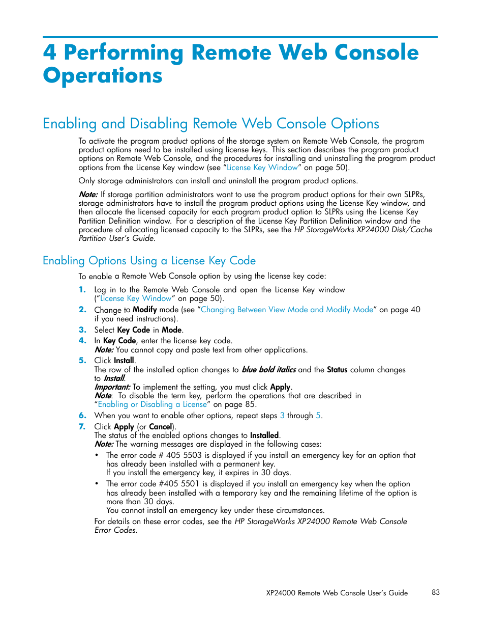 4 performing remote web console operations, Enabling and disabling remote web console options, Enabling options using a license key code | HP XP20000XP24000 Disk Array User Manual | Page 83 / 110