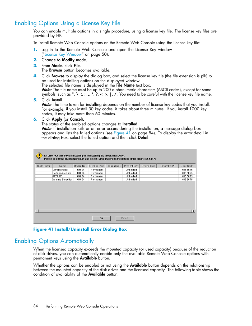 Enabling options using a license key file, Enabling options automatically, 41 install/uninstall error dialog box | HP XP20000XP24000 Disk Array User Manual | Page 84 / 110