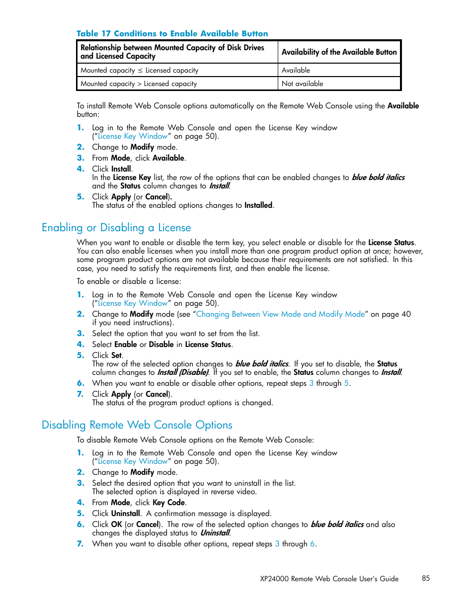 Enabling or disabling a license, Disabling remote web console options, Conditions to enable available button | HP XP20000XP24000 Disk Array User Manual | Page 85 / 110