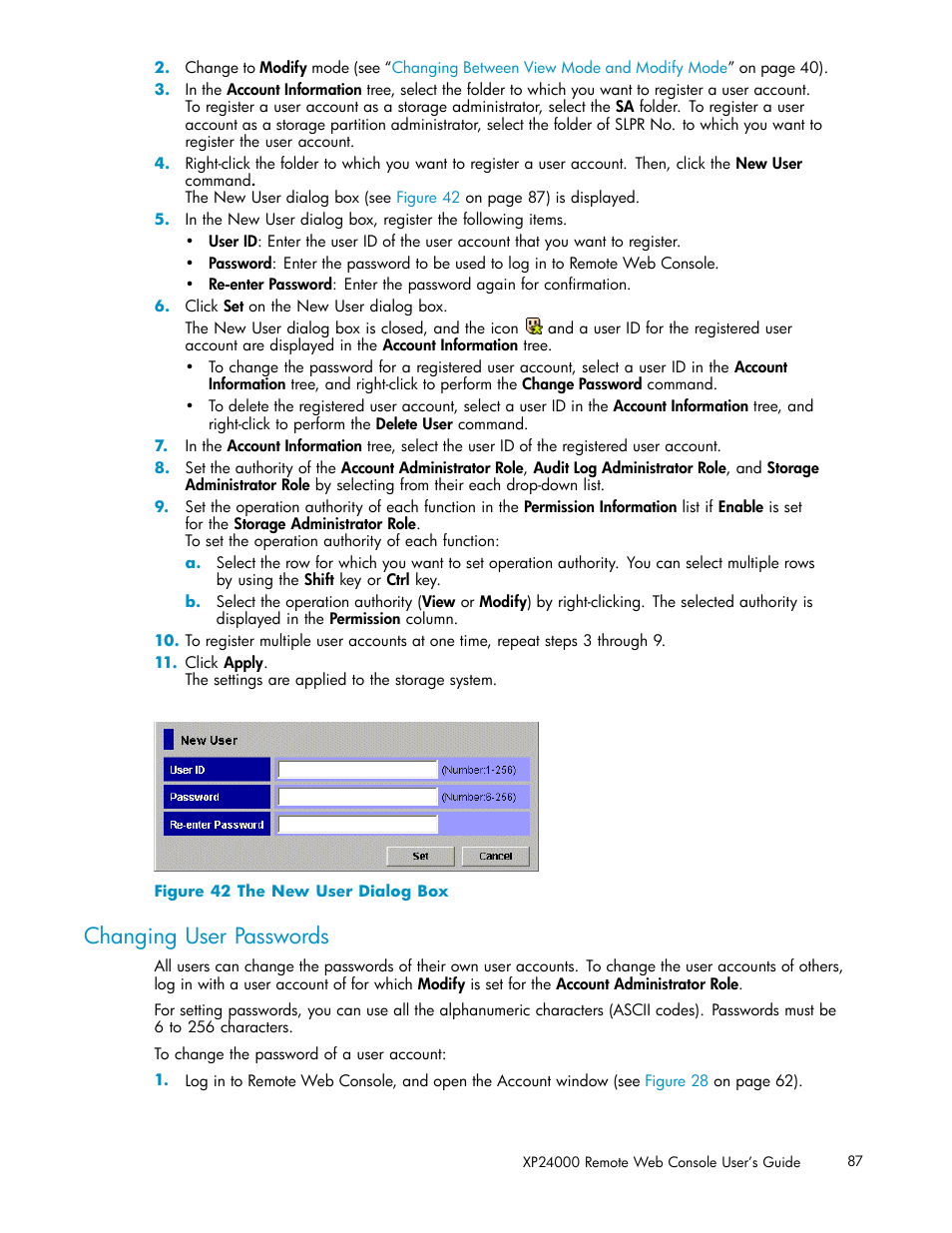 Changing user passwords, 42 the new user dialog box | HP XP20000XP24000 Disk Array User Manual | Page 87 / 110