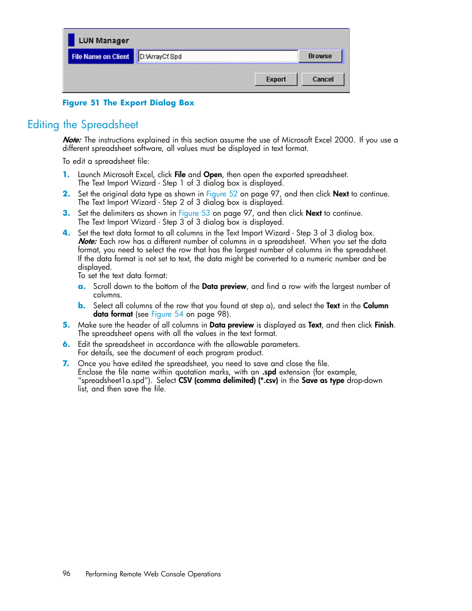 Editing the spreadsheet, 51 the export dialog box, Figure 51 | HP XP20000XP24000 Disk Array User Manual | Page 96 / 110