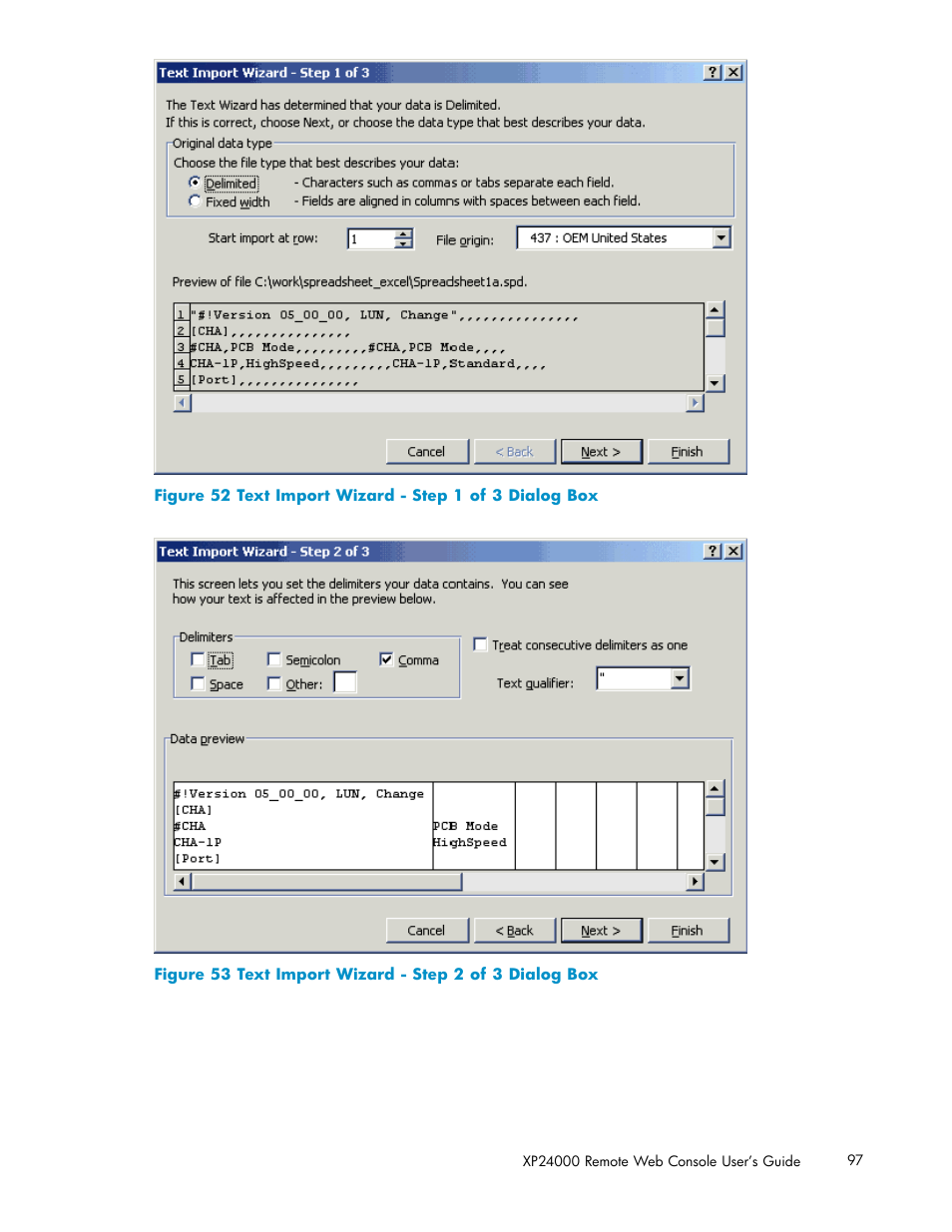 52 text import wizard - step 1 of 3 dialog box, 53 text import wizard - step 2 of 3 dialog box, Figure 52 | Figure 53 | HP XP20000XP24000 Disk Array User Manual | Page 97 / 110