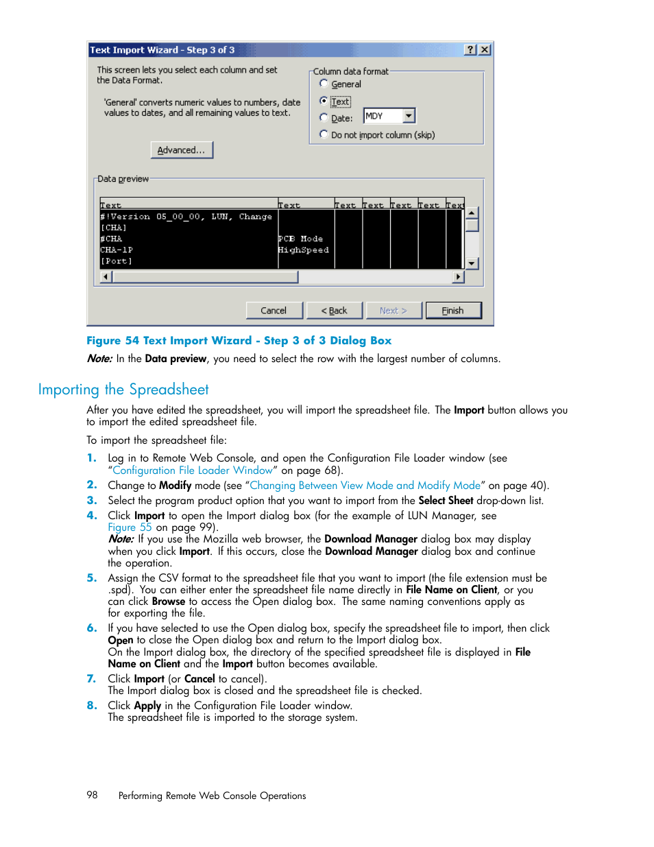 Importing the spreadsheet, 54 text import wizard - step 3 of 3 dialog box, Figure 54 | HP XP20000XP24000 Disk Array User Manual | Page 98 / 110