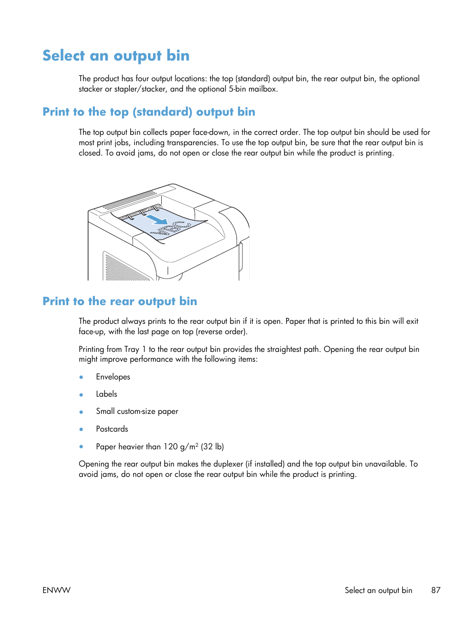 Select an output bin, Print to the top (standard) output bin, Print to the rear output bin | HP LaserJet Enterprise 600 Printer M603 series User Manual | Page 103 / 264