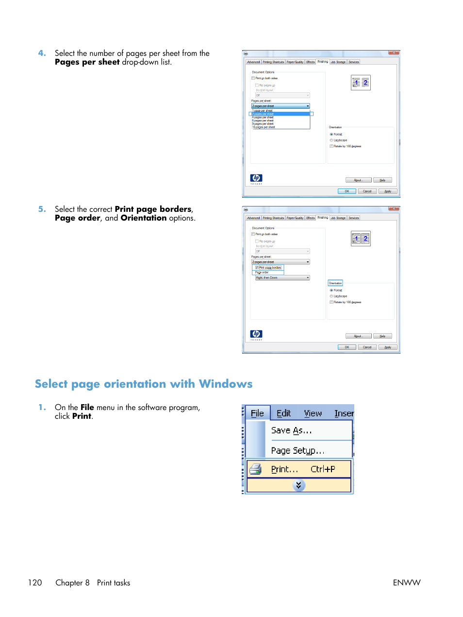 Select page orientation with windows | HP LaserJet Enterprise 600 Printer M603 series User Manual | Page 136 / 264