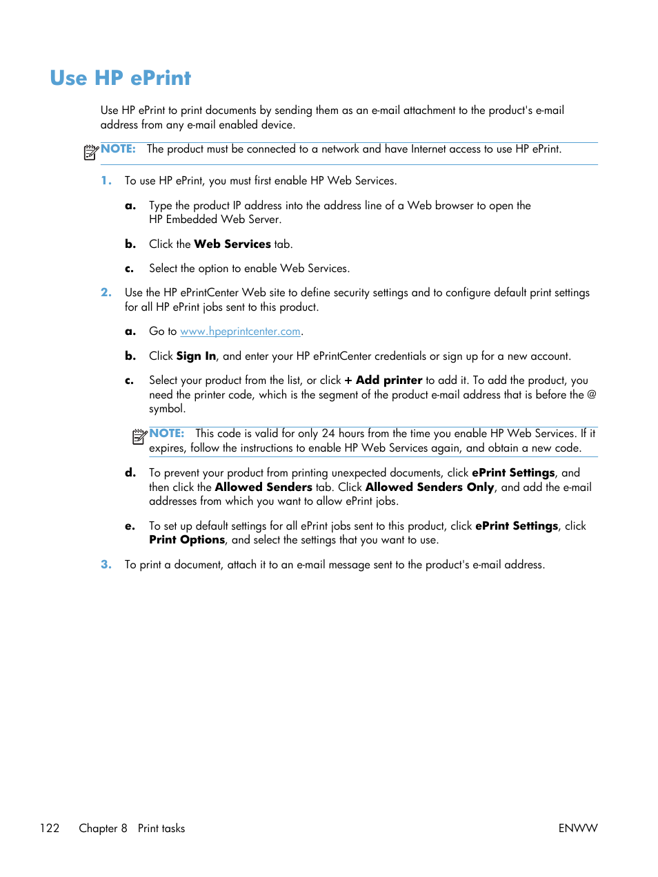 Use hp eprint | HP LaserJet Enterprise 600 Printer M603 series User Manual | Page 138 / 264