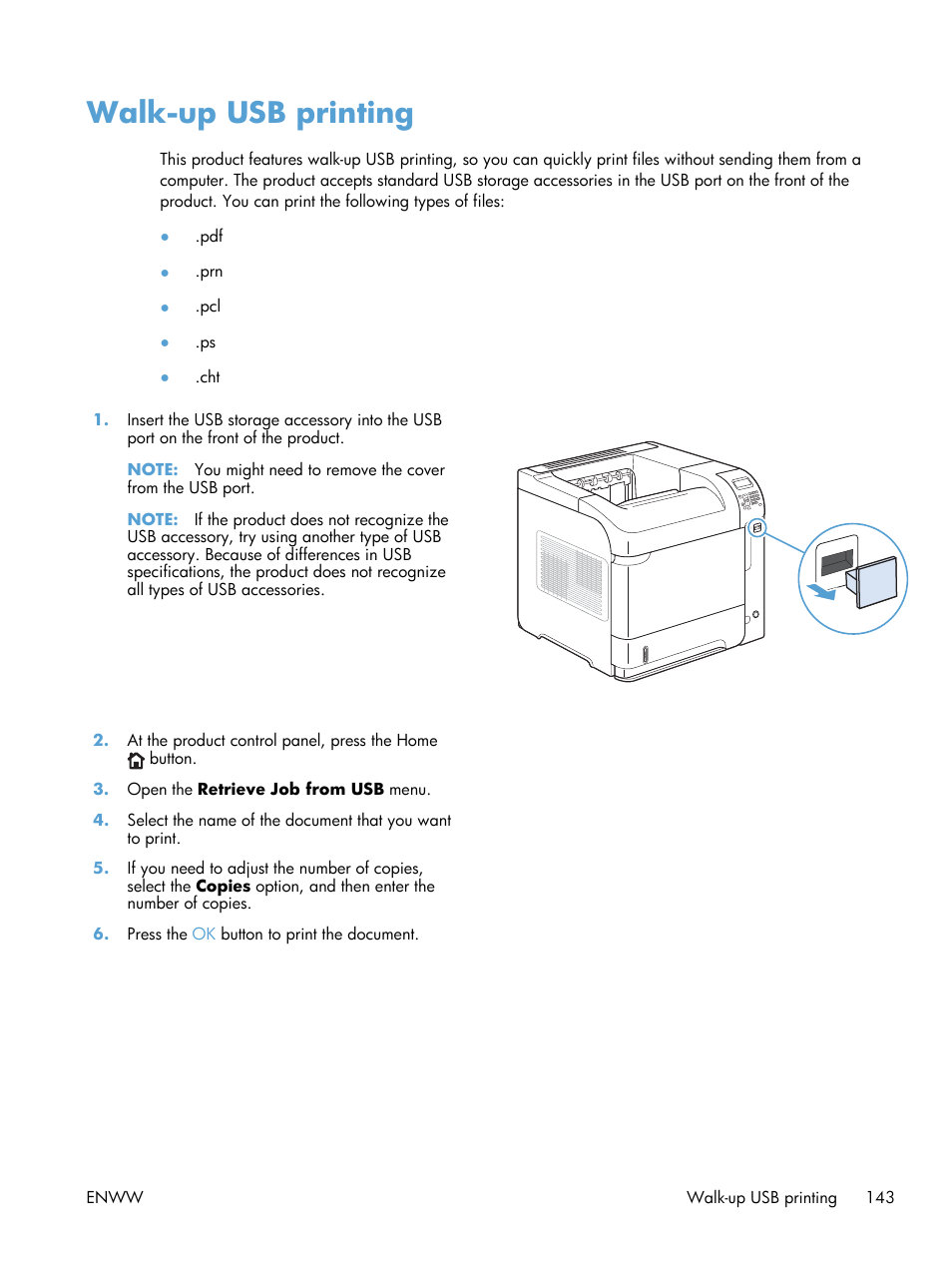 Walk-up usb printing | HP LaserJet Enterprise 600 Printer M603 series User Manual | Page 159 / 264