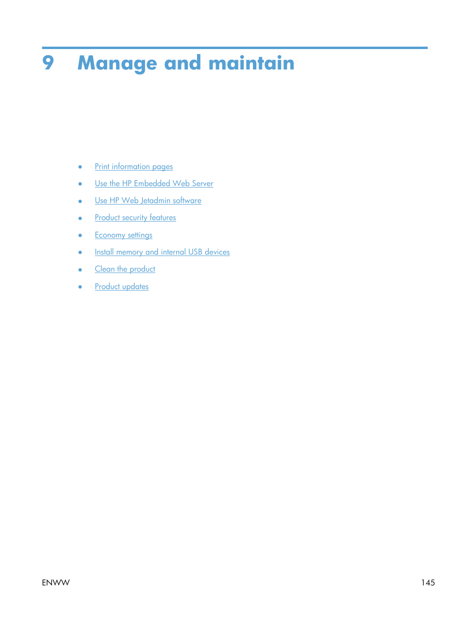 Manage and maintain, 9 manage and maintain | HP LaserJet Enterprise 600 Printer M603 series User Manual | Page 161 / 264