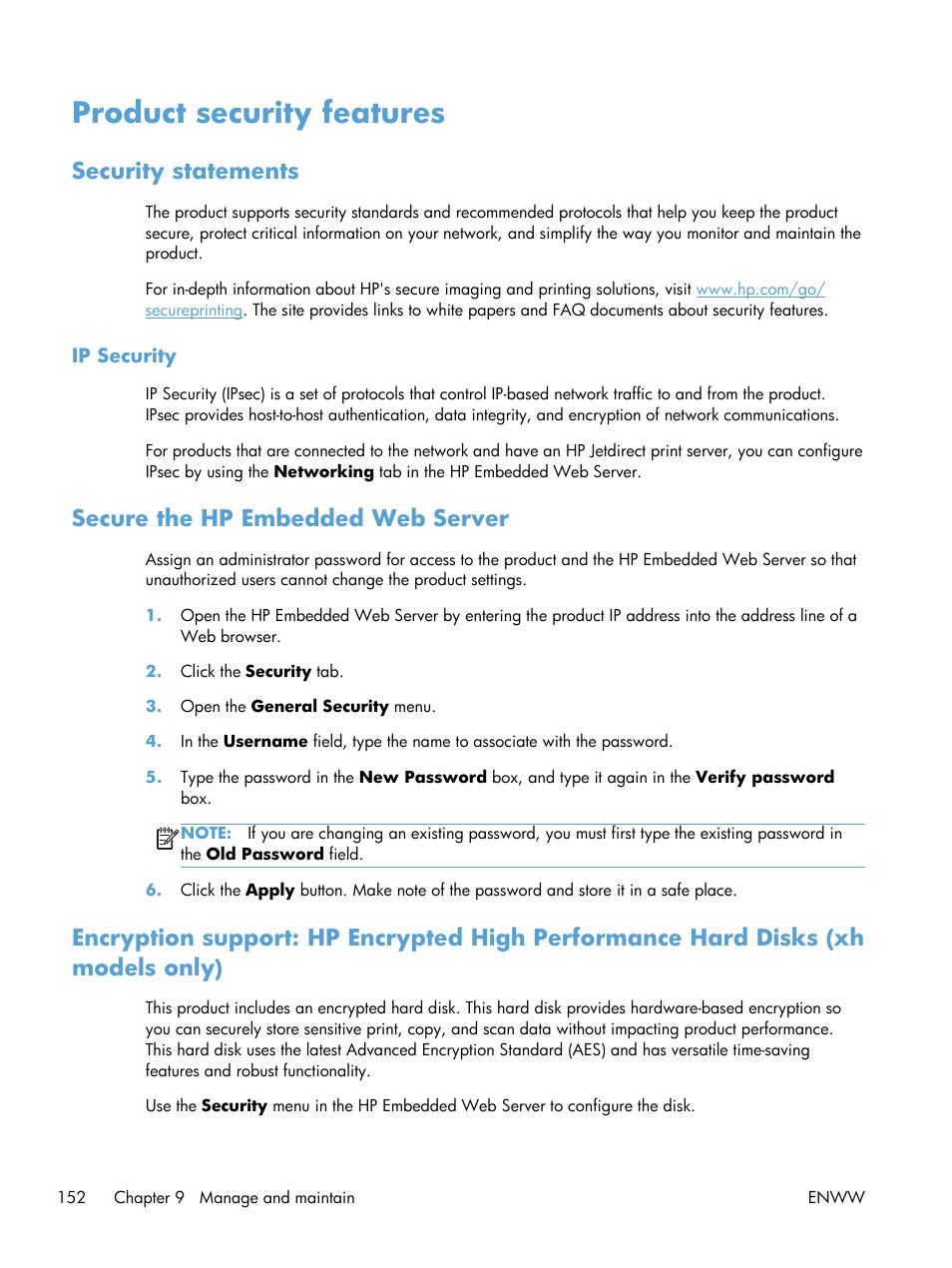 Product security features, Security statements, Ip security | Secure the hp embedded web server | HP LaserJet Enterprise 600 Printer M603 series User Manual | Page 168 / 264