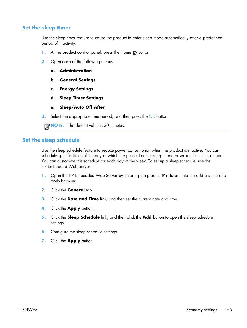 Set the sleep timer, Set the sleep schedule, Set the sleep timer set the sleep schedule | HP LaserJet Enterprise 600 Printer M603 series User Manual | Page 171 / 264