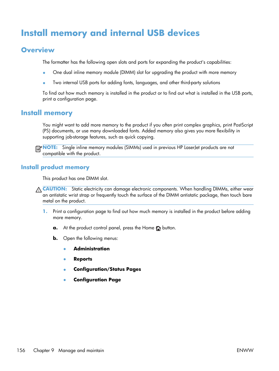 Install memory and internal usb devices, Overview, Install memory | Install product memory, Overview install memory | HP LaserJet Enterprise 600 Printer M603 series User Manual | Page 172 / 264