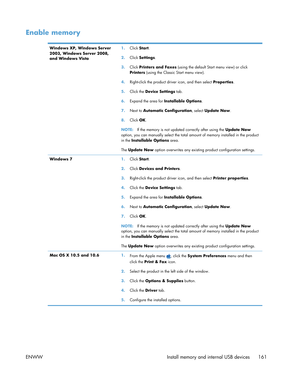 Enable memory | HP LaserJet Enterprise 600 Printer M603 series User Manual | Page 177 / 264