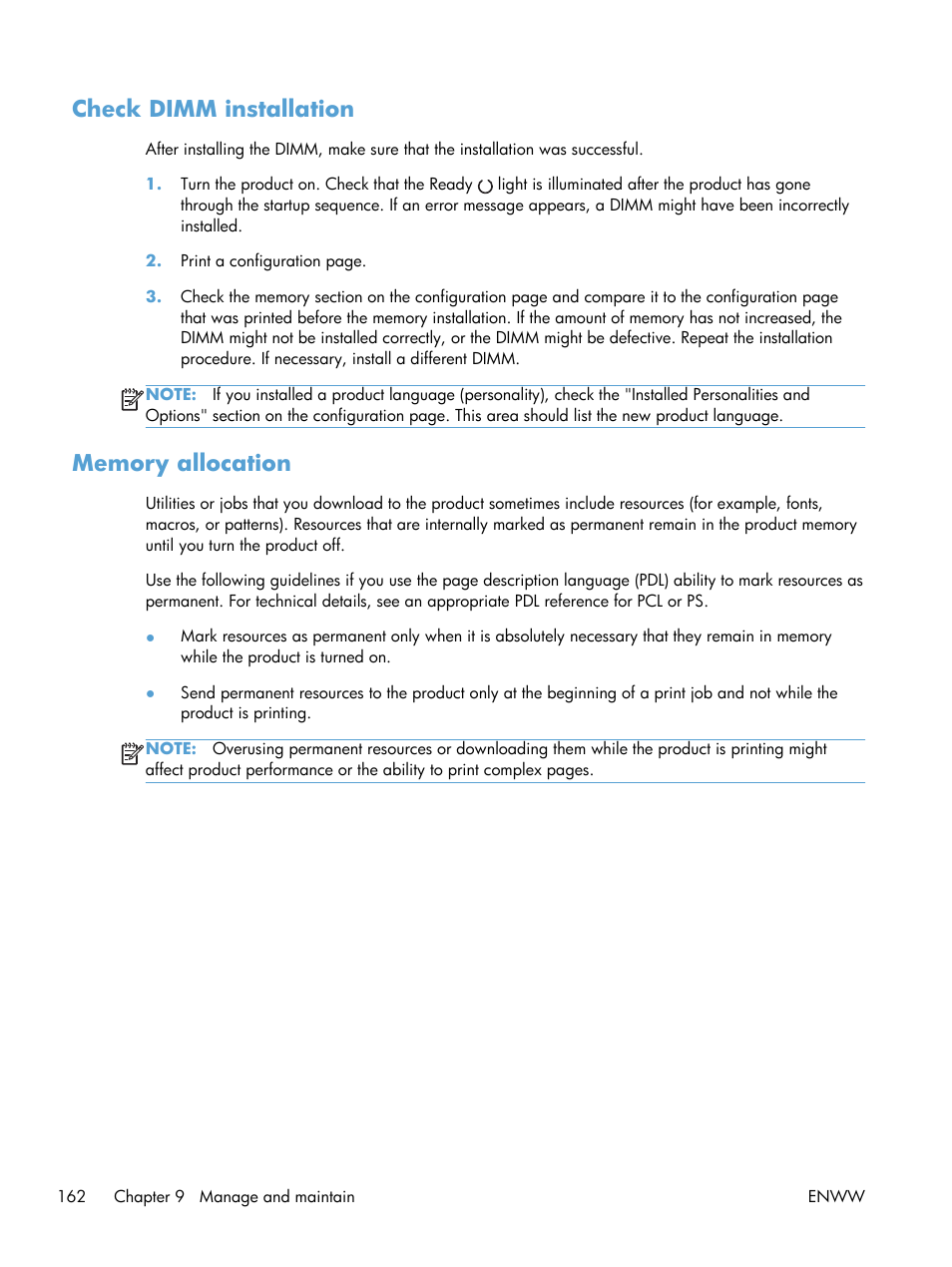 Check dimm installation, Memory allocation, Check dimm installation memory allocation | HP LaserJet Enterprise 600 Printer M603 series User Manual | Page 178 / 264