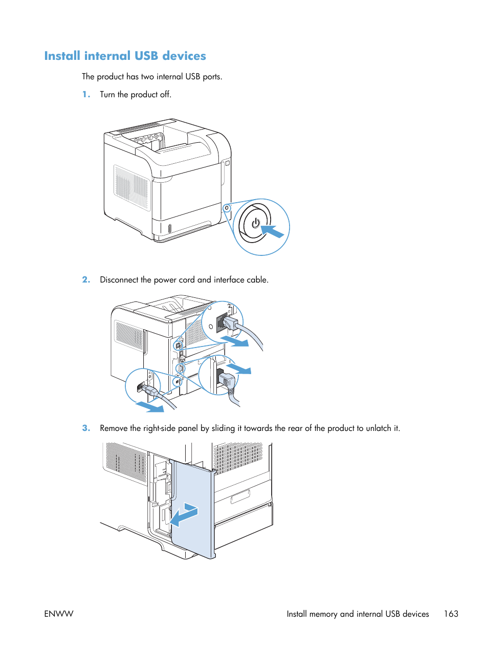 Install internal usb devices | HP LaserJet Enterprise 600 Printer M603 series User Manual | Page 179 / 264