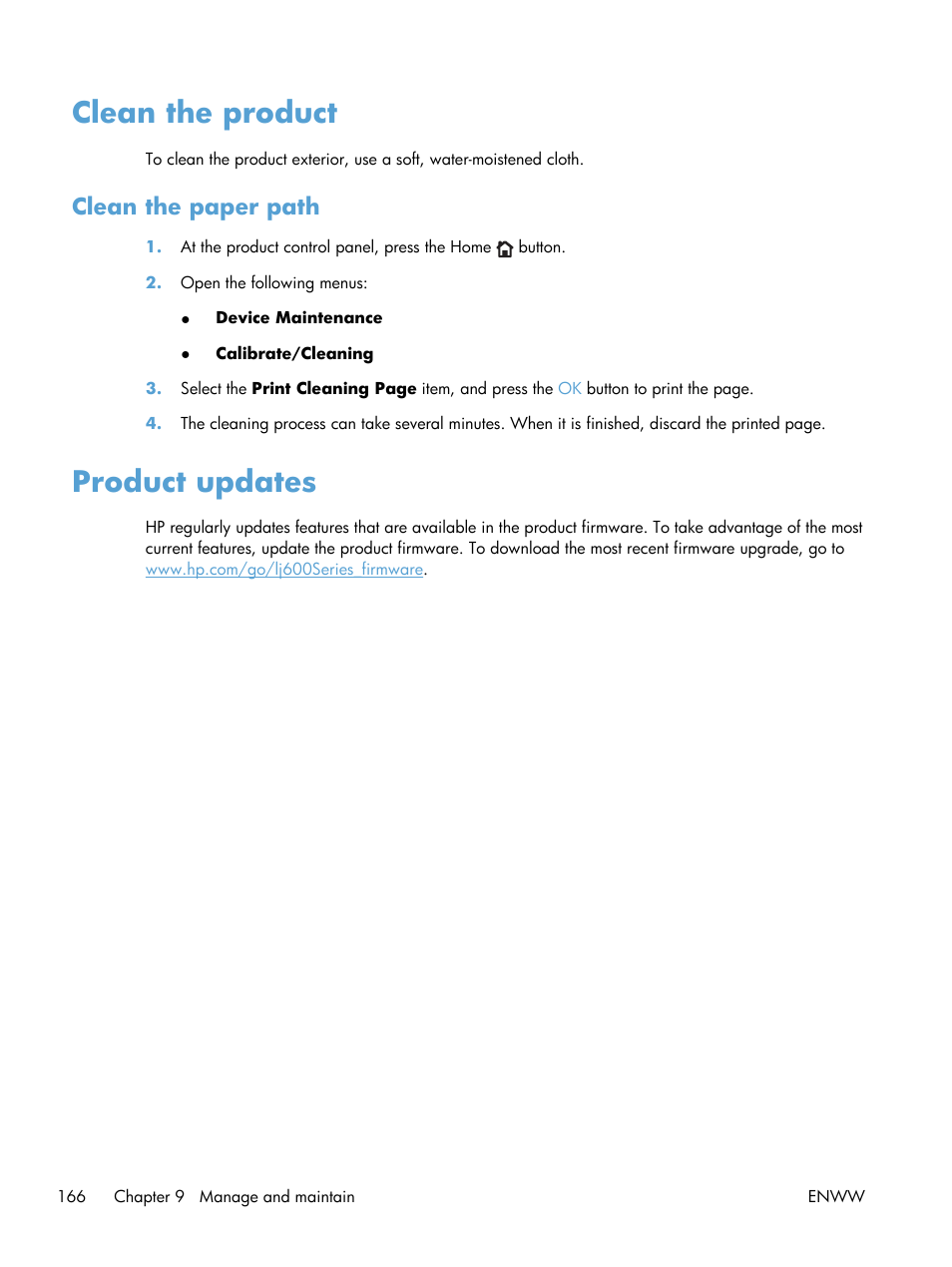 Clean the product, Clean the paper path, Product updates | HP LaserJet Enterprise 600 Printer M603 series User Manual | Page 182 / 264