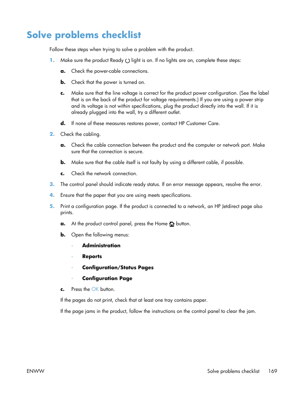 Solve problems checklist | HP LaserJet Enterprise 600 Printer M603 series User Manual | Page 185 / 264