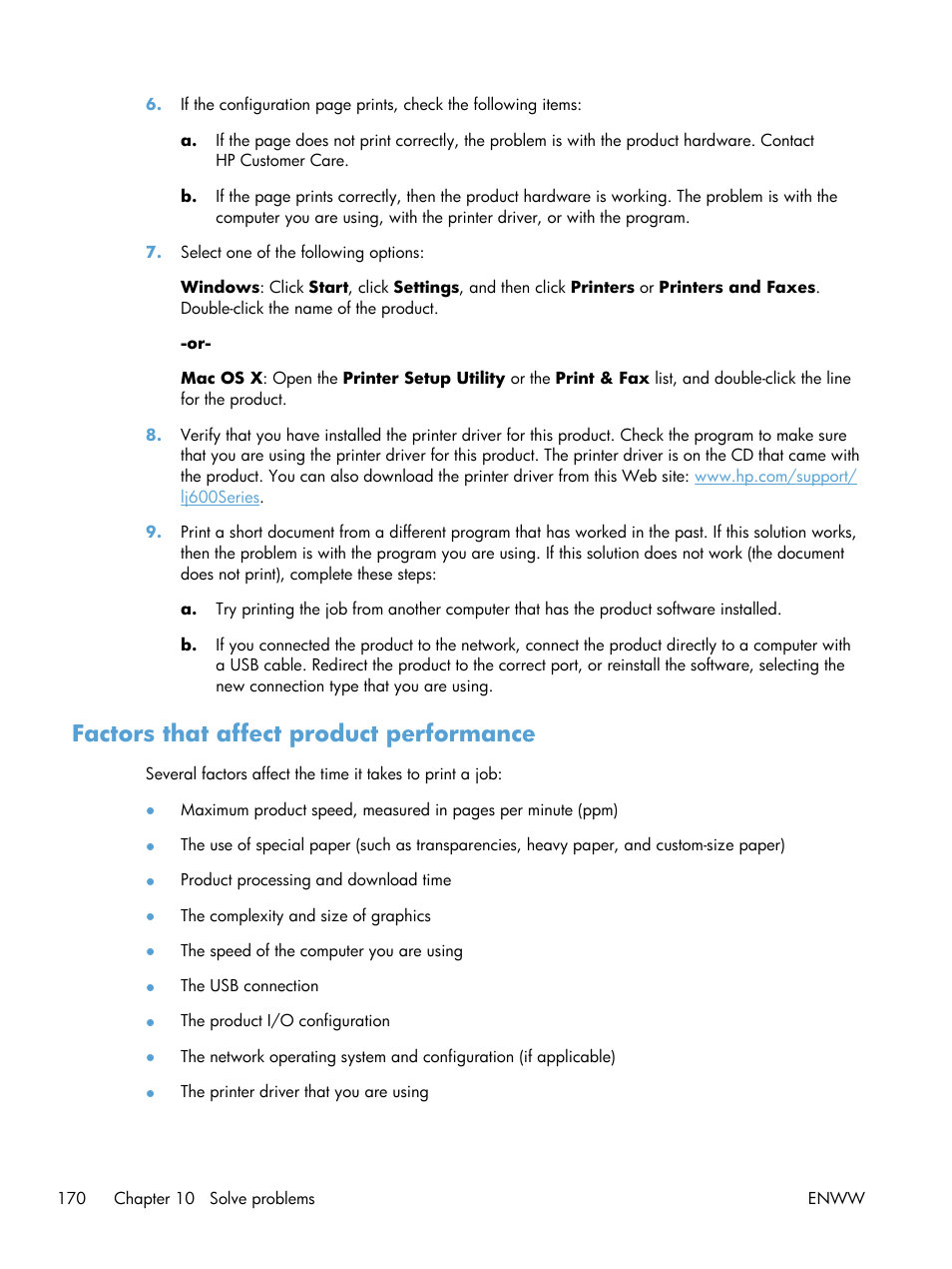 Factors that affect product performance | HP LaserJet Enterprise 600 Printer M603 series User Manual | Page 186 / 264