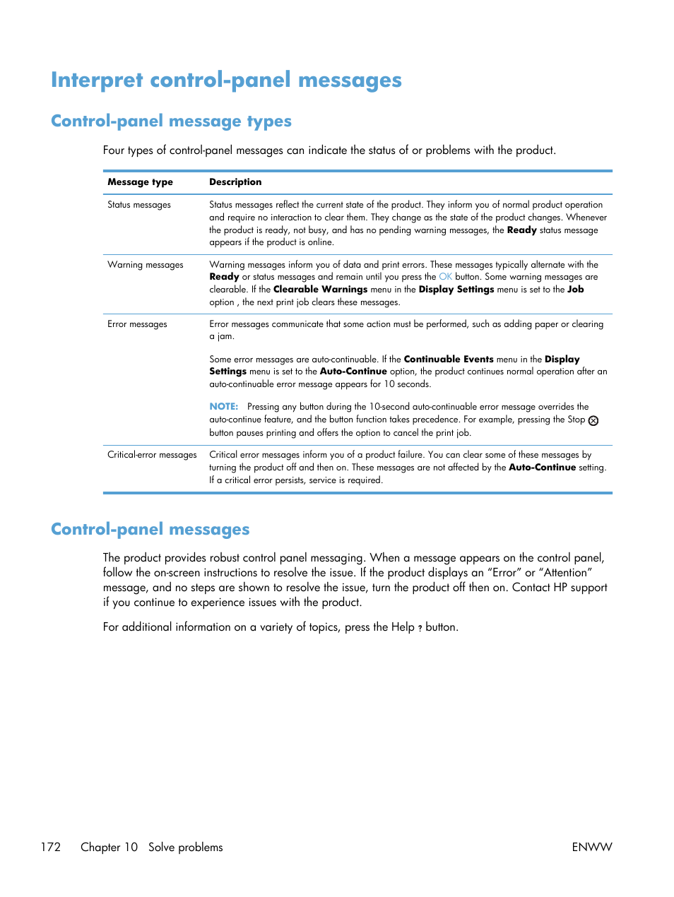 Interpret control-panel messages, Control-panel message types, Control-panel messages | Control-panel message types control-panel messages | HP LaserJet Enterprise 600 Printer M603 series User Manual | Page 188 / 264