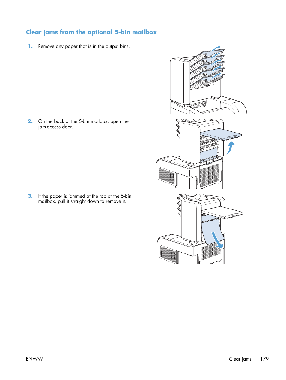 Clear jams from the optional 5-bin mailbox | HP LaserJet Enterprise 600 Printer M603 series User Manual | Page 195 / 264