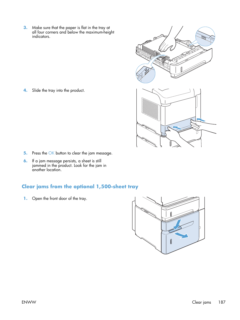 Clear jams from the optional 1,500-sheet tray | HP LaserJet Enterprise 600 Printer M603 series User Manual | Page 203 / 264