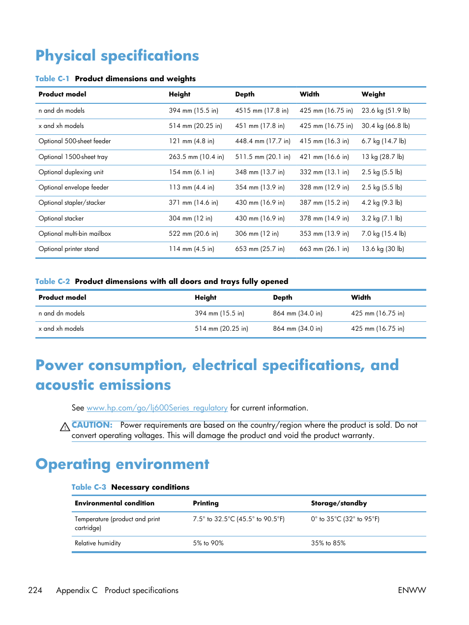 Physical specifications, Operating environment | HP LaserJet Enterprise 600 Printer M603 series User Manual | Page 240 / 264