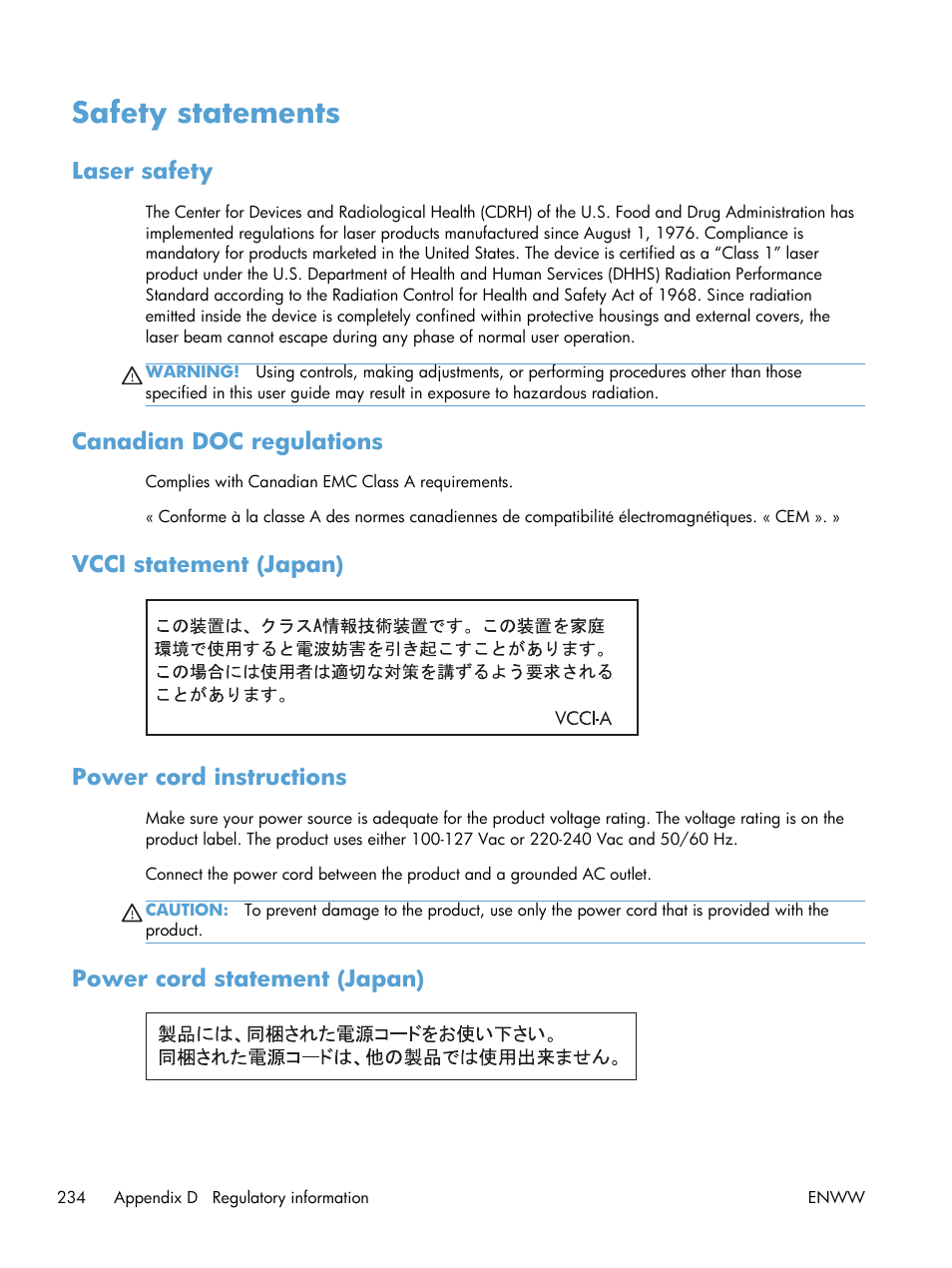 Safety statements, Laser safety, Canadian doc regulations | Vcci statement (japan), Power cord instructions, Power cord statement (japan), Laser safety canadian doc regulations, Vcci statement (japan) power cord instructions | HP LaserJet Enterprise 600 Printer M603 series User Manual | Page 250 / 264