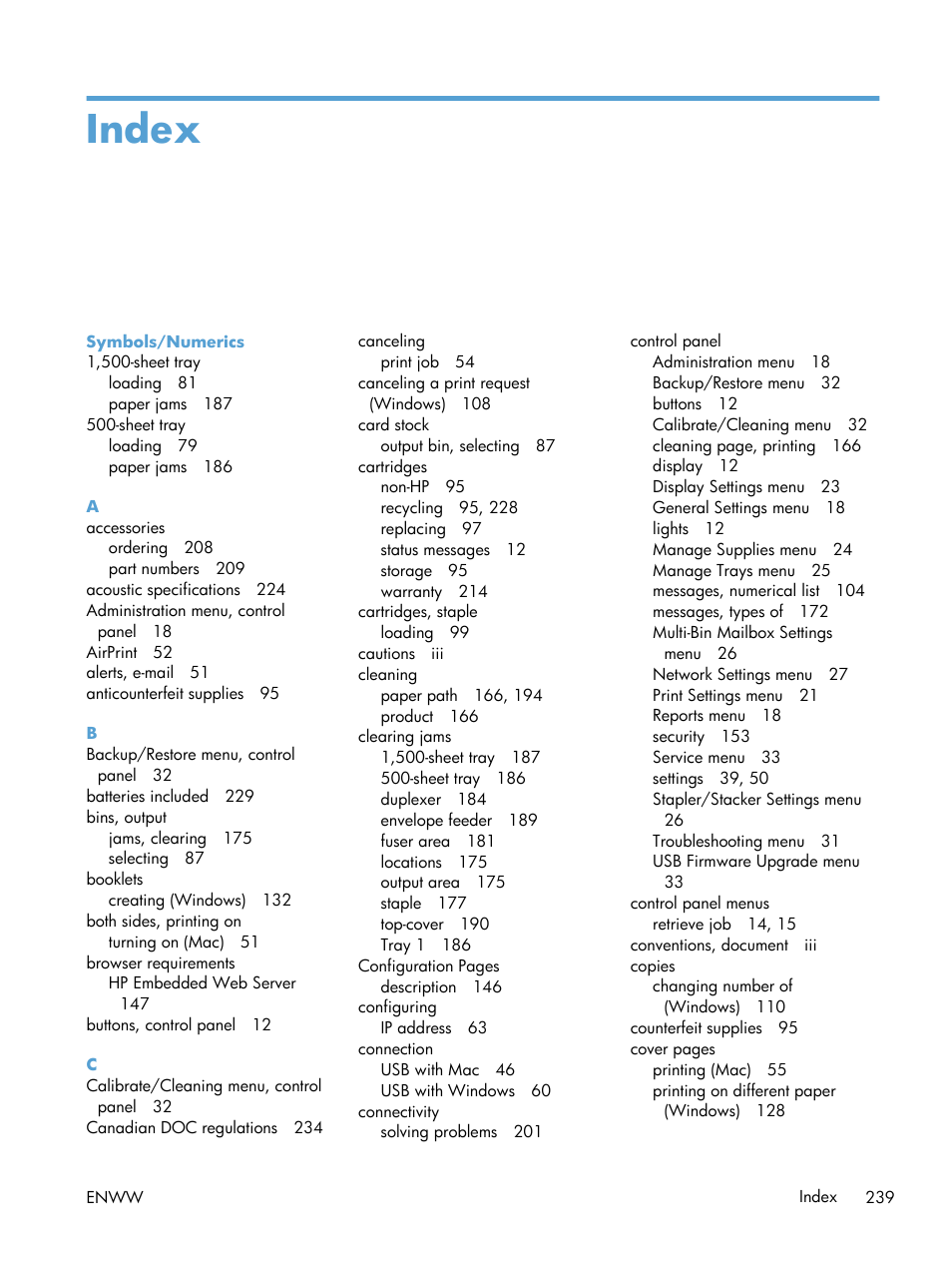 Index | HP LaserJet Enterprise 600 Printer M603 series User Manual | Page 255 / 264