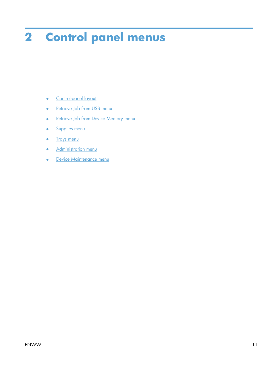 Control panel menus, 2 control panel menus | HP LaserJet Enterprise 600 Printer M603 series User Manual | Page 27 / 264