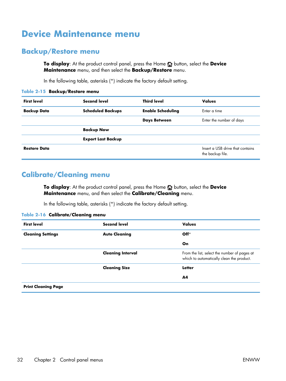 Device maintenance menu, Backup/restore menu, Calibrate/cleaning menu | Backup/restore menu calibrate/cleaning menu | HP LaserJet Enterprise 600 Printer M603 series User Manual | Page 48 / 264