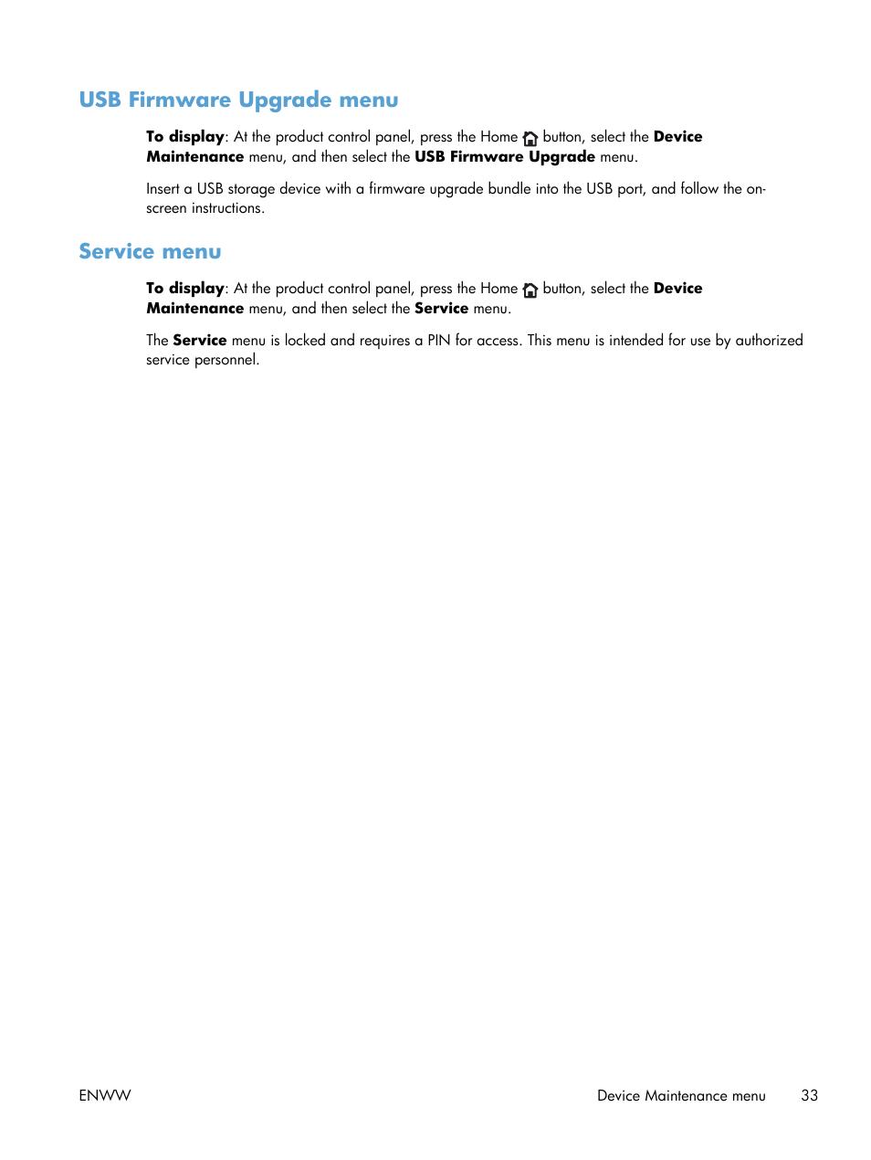 Usb firmware upgrade menu, Service menu, Usb firmware upgrade menu service menu | HP LaserJet Enterprise 600 Printer M603 series User Manual | Page 49 / 264