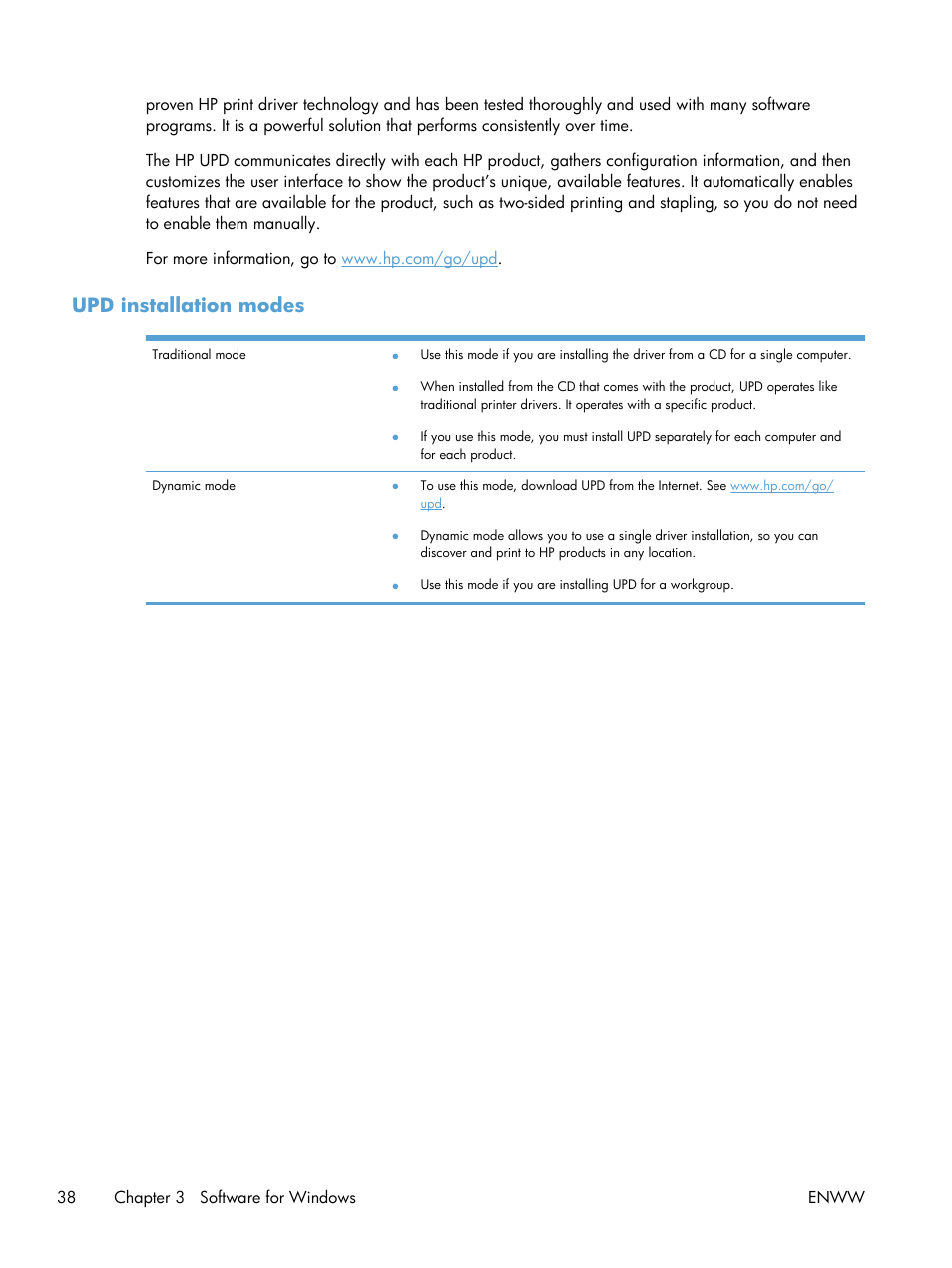 Upd installation modes | HP LaserJet Enterprise 600 Printer M603 series User Manual | Page 54 / 264