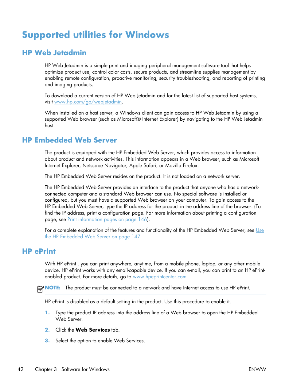 Supported utilities for windows, Hp web jetadmin, Hp embedded web server | Hp eprint, Hp web jetadmin hp embedded web server hp eprint | HP LaserJet Enterprise 600 Printer M603 series User Manual | Page 58 / 264