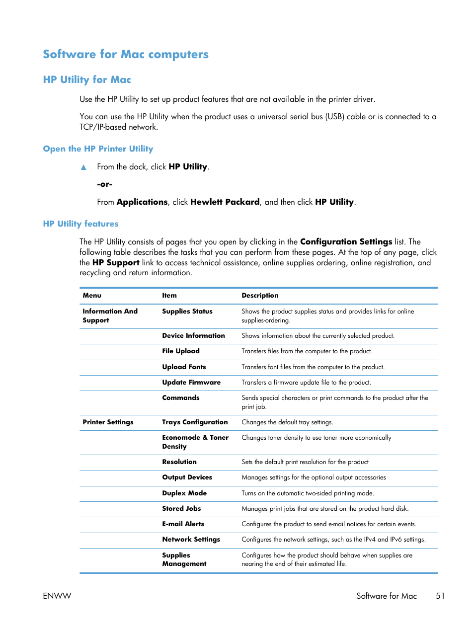 Software for mac computers, Hp utility for mac, Open the hp printer utility | Hp utility features | HP LaserJet Enterprise 600 Printer M603 series User Manual | Page 67 / 264