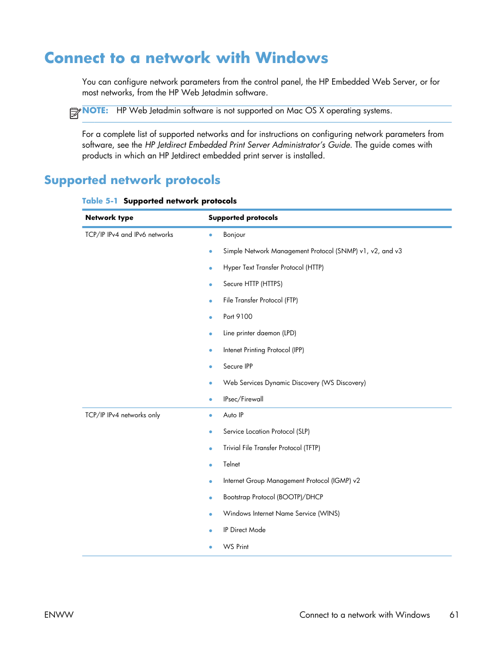 Connect to a network with windows, Supported network protocols | HP LaserJet Enterprise 600 Printer M603 series User Manual | Page 77 / 264