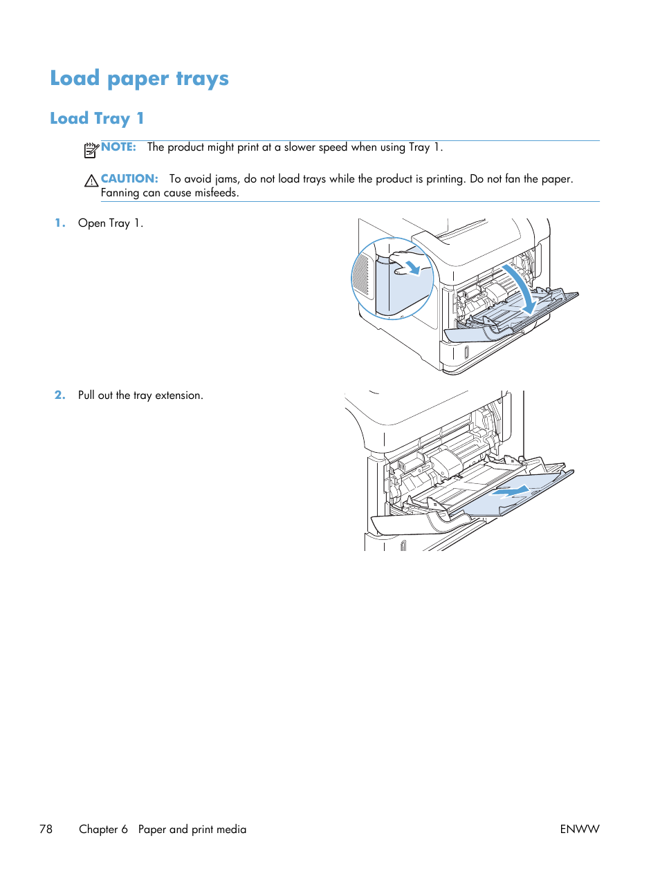 Load paper trays, Load tray 1 | HP LaserJet Enterprise 600 Printer M603 series User Manual | Page 94 / 264