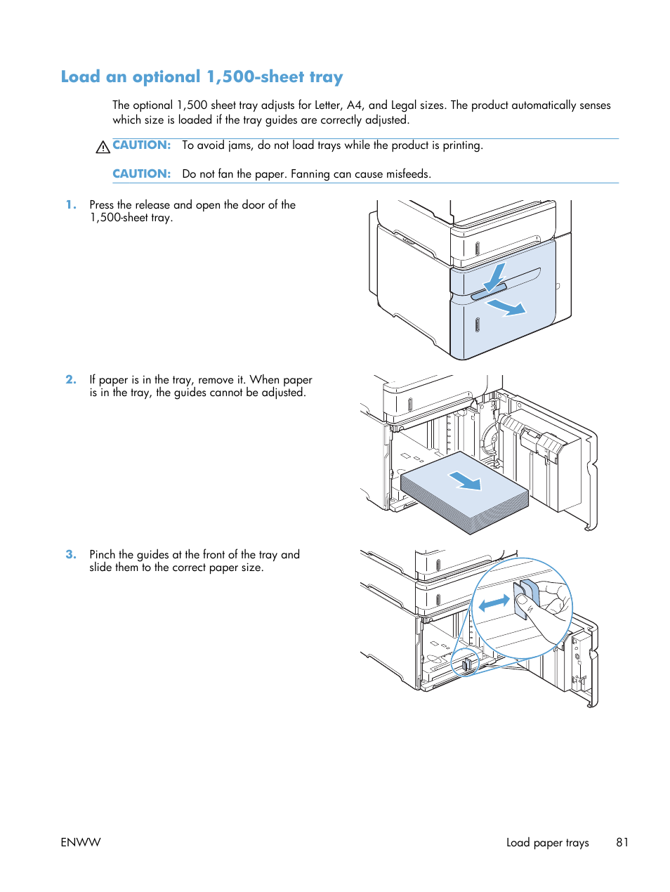 Load an optional 1,500-sheet tray | HP LaserJet Enterprise 600 Printer M603 series User Manual | Page 97 / 264