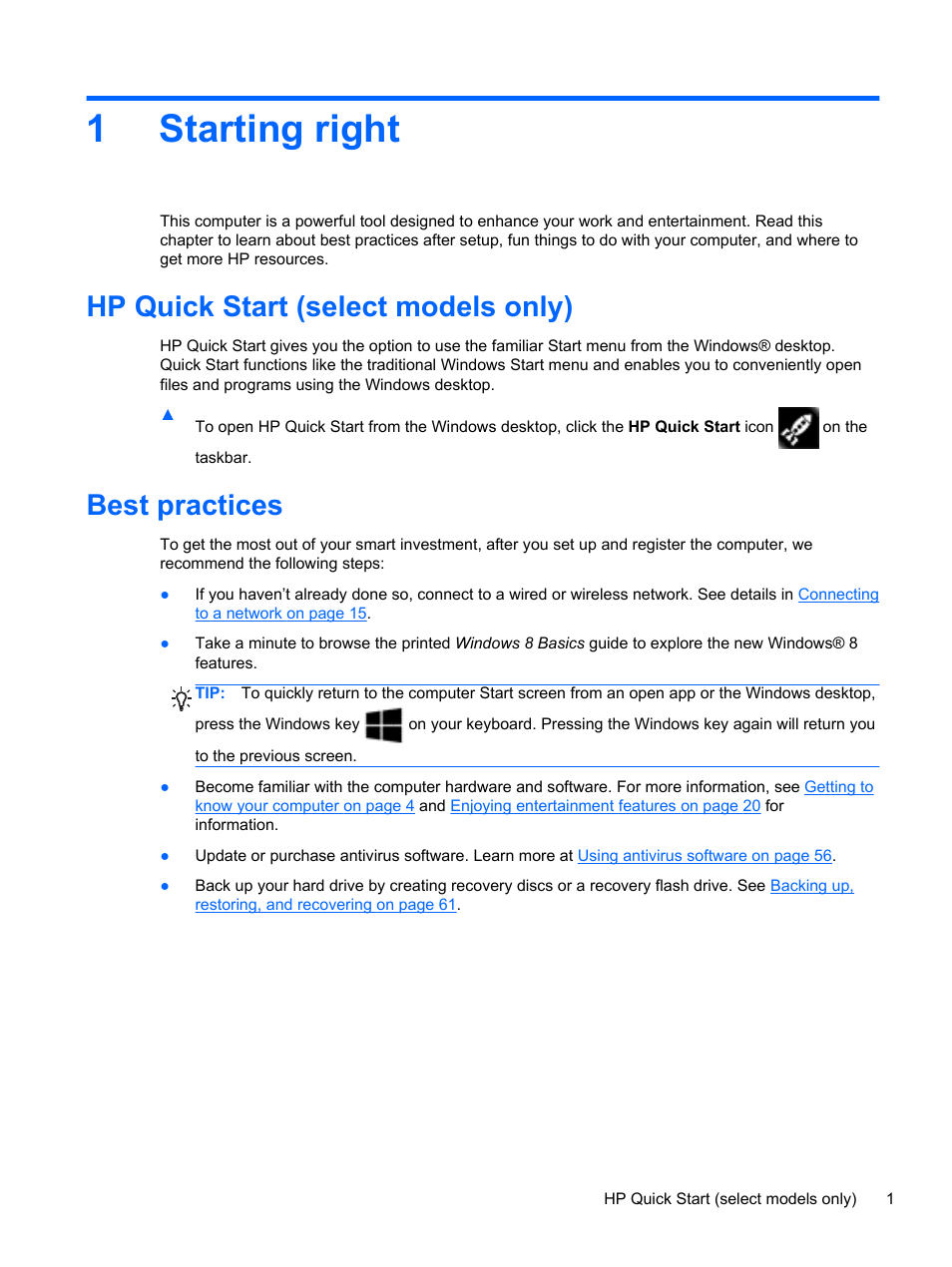 Starting right, Hp quick start (select models only), Best practices | 1 starting right, Hp quick start (select models only) best practices, 1starting right | HP ENVY m6-k088ca Sleekbook User Manual | Page 11 / 81