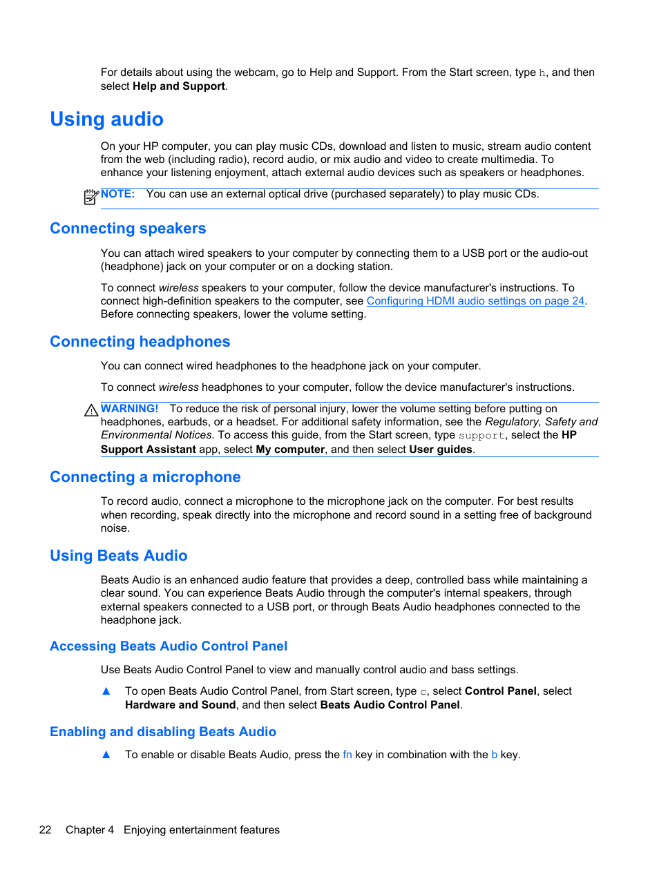 Using audio, Connecting speakers, Connecting headphones | Connecting a microphone, Using beats audio, Accessing beats audio control panel, Enabling and disabling beats audio, Using | HP ENVY m6-k088ca Sleekbook User Manual | Page 32 / 81