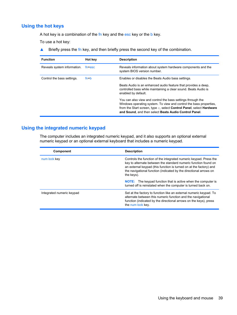 Using the hot keys, Using the integrated numeric keypad | HP ENVY m6-k088ca Sleekbook User Manual | Page 49 / 81