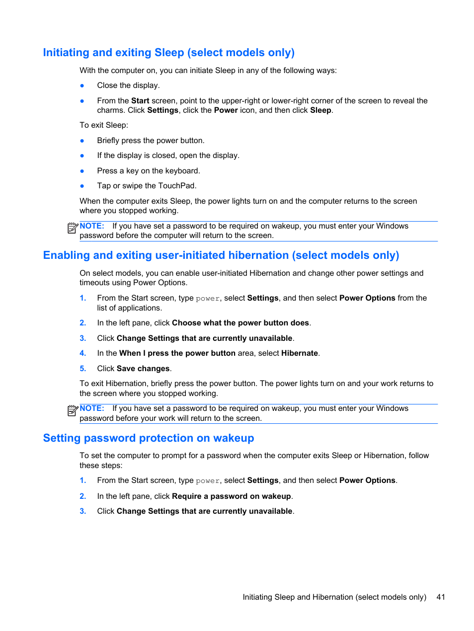 Initiating and exiting sleep (select models only), Setting password protection on wakeup, Initiating and | Enabling and exiting user-initiated | HP ENVY m6-k088ca Sleekbook User Manual | Page 51 / 81