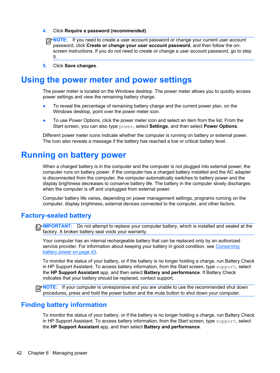 Using the power meter and power settings, Running on battery power, Factory-sealed battery | Finding battery information, Factory-sealed battery finding battery information | HP ENVY m6-k088ca Sleekbook User Manual | Page 52 / 81