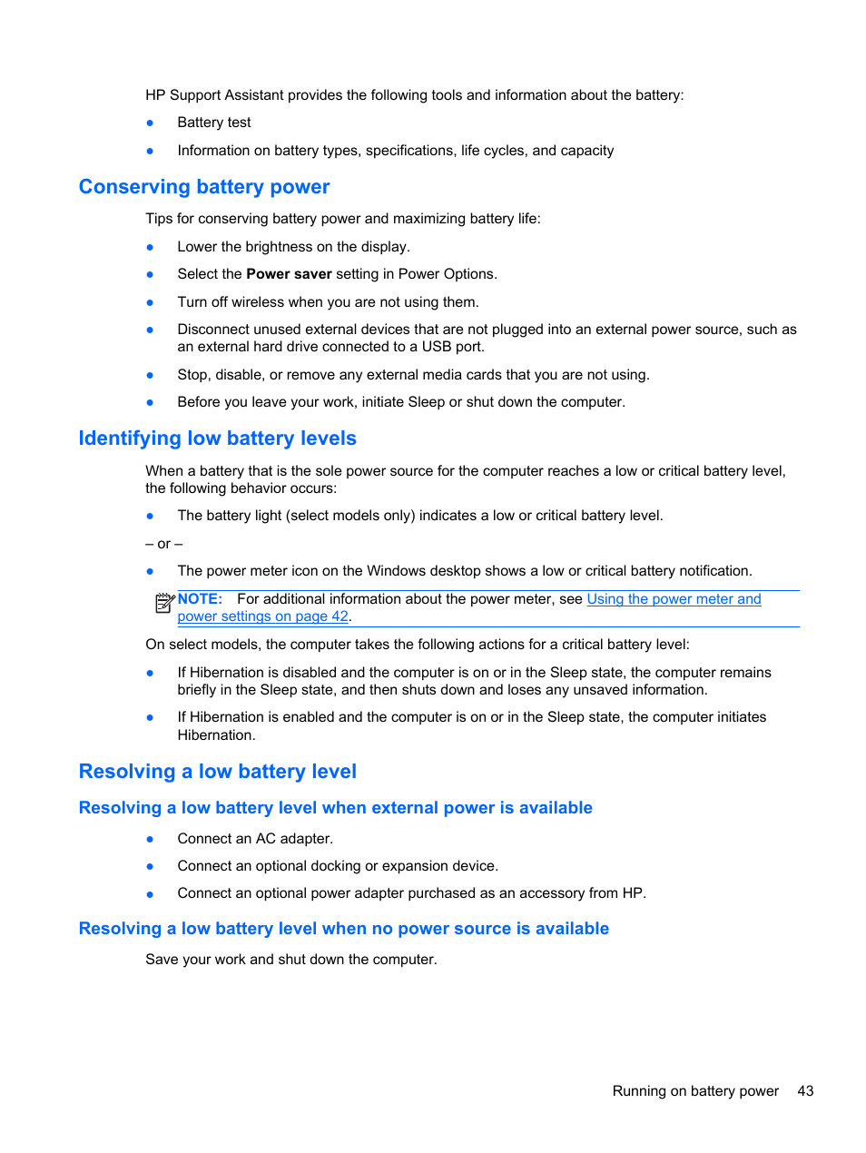 Conserving battery power, Identifying low battery levels, Resolving a low battery level | HP ENVY m6-k088ca Sleekbook User Manual | Page 53 / 81