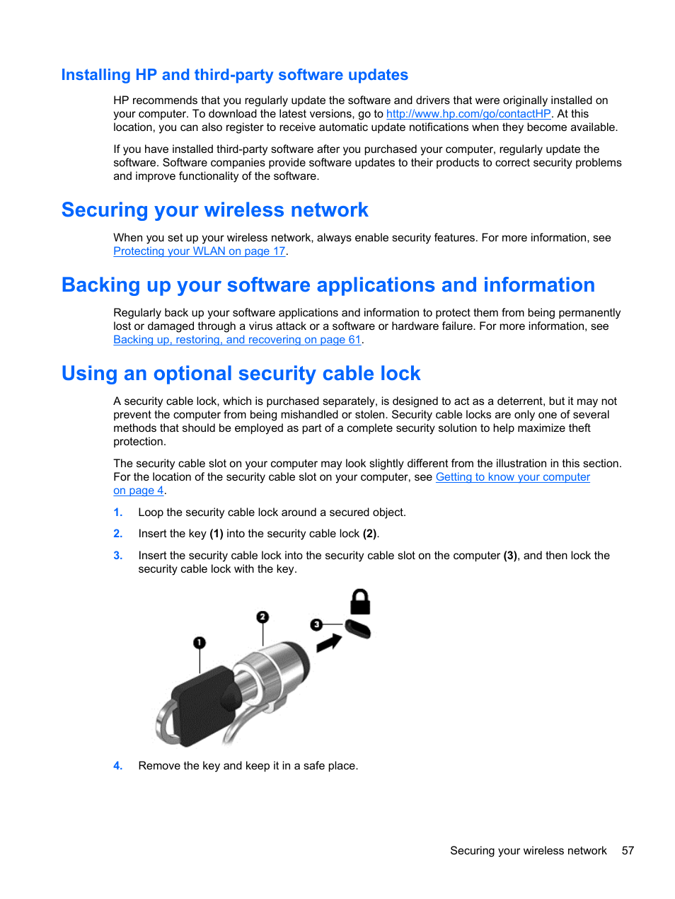 Installing hp and third-party software updates, Securing your wireless network, Using an optional security cable lock | HP ENVY m6-k088ca Sleekbook User Manual | Page 67 / 81